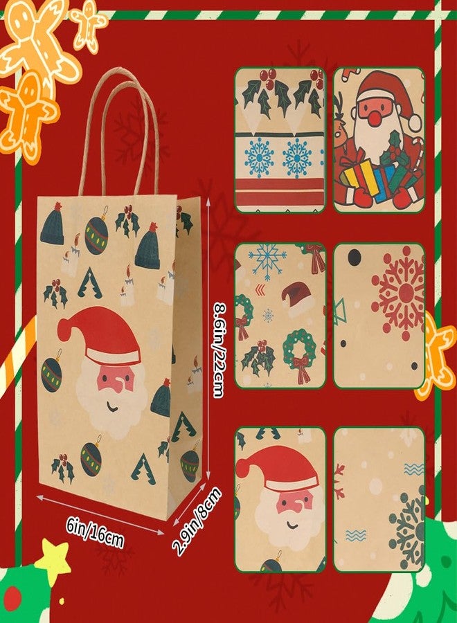 QIHOMPIB 12 Pack Christmas Kraft Paper Bags(6x9 Inch) with Handle for Gift Goodie Treat Candy Snack Wrap Snowflake Santa Xmas Pouches Baggies Christmas Holiday New Year Party Favors Supplies Decorations - Image 2